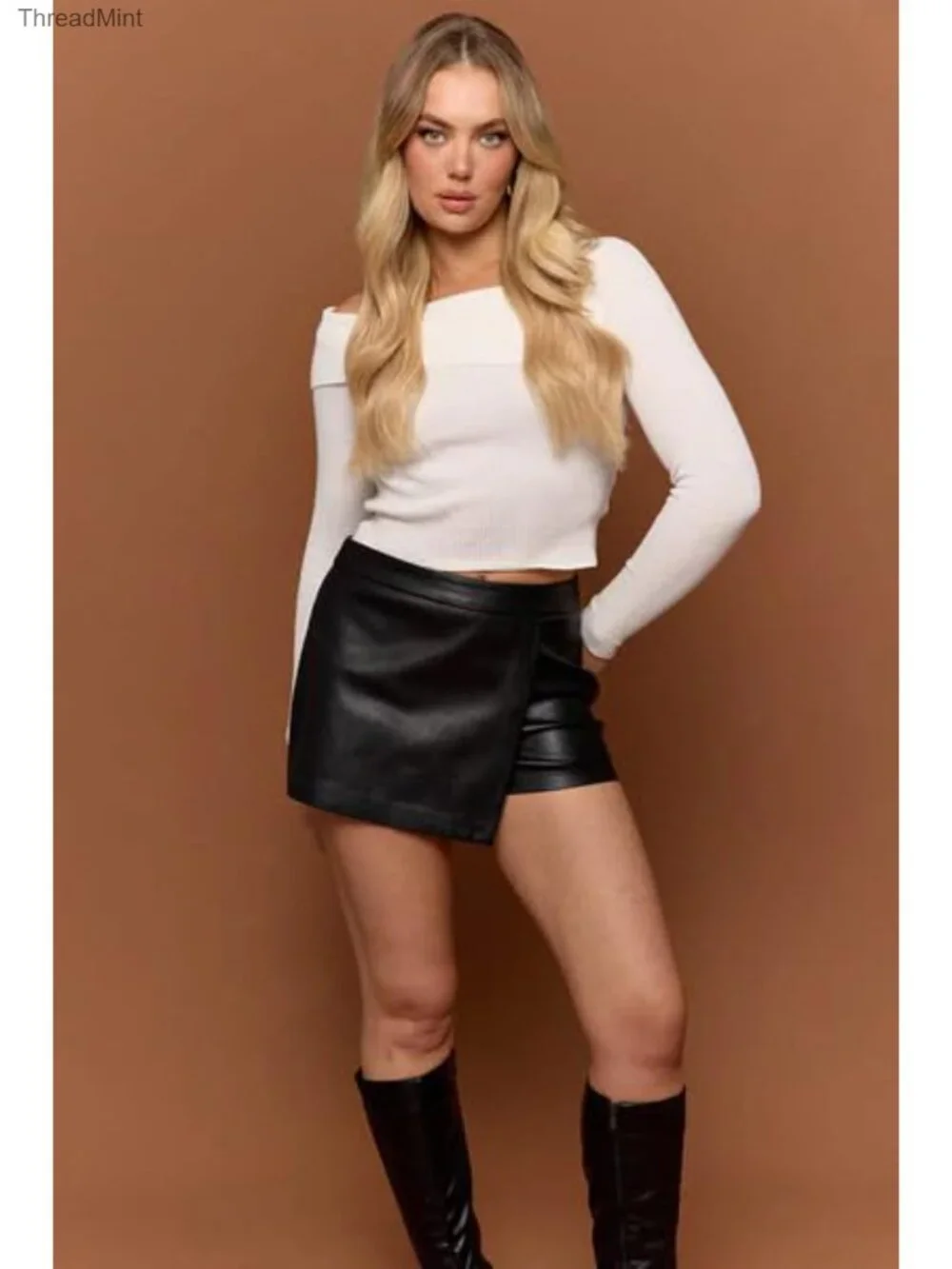 Faux Leather Mini Skort with Side Zipper - Black